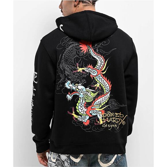Ed Hardy Men's Hoodie Dragons Fleece Pullover Sweatshirt in Black - Picture 6 of 8